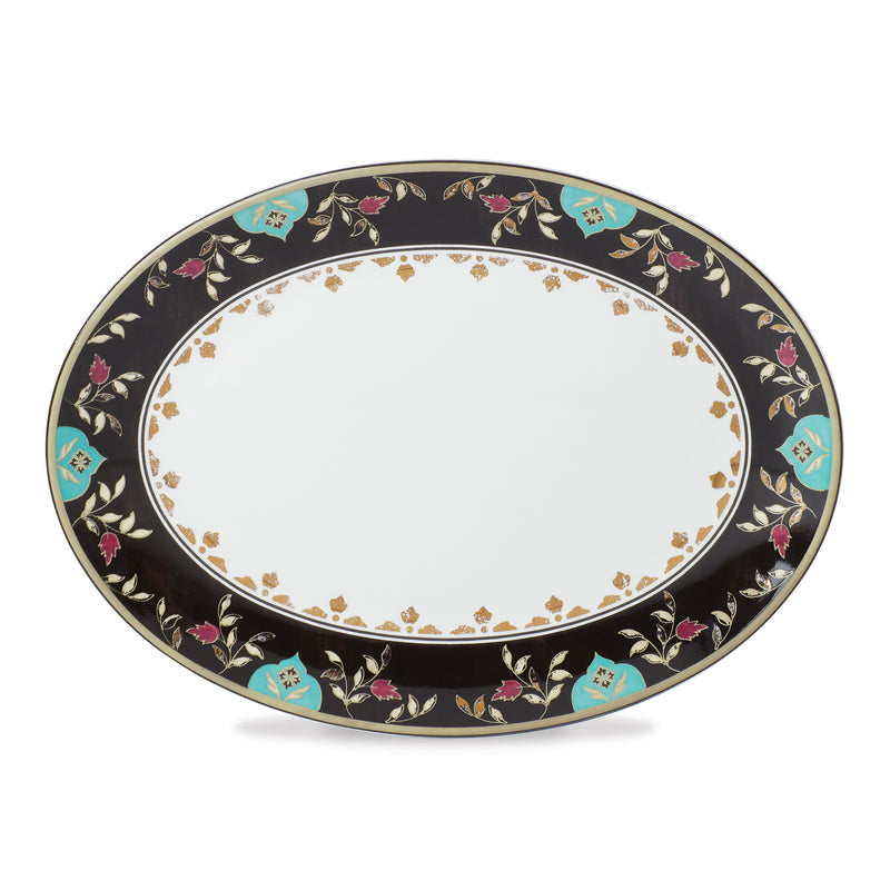 Lenox Global Tapestry oval platter with black floral rim in teal, pink, and gold accents