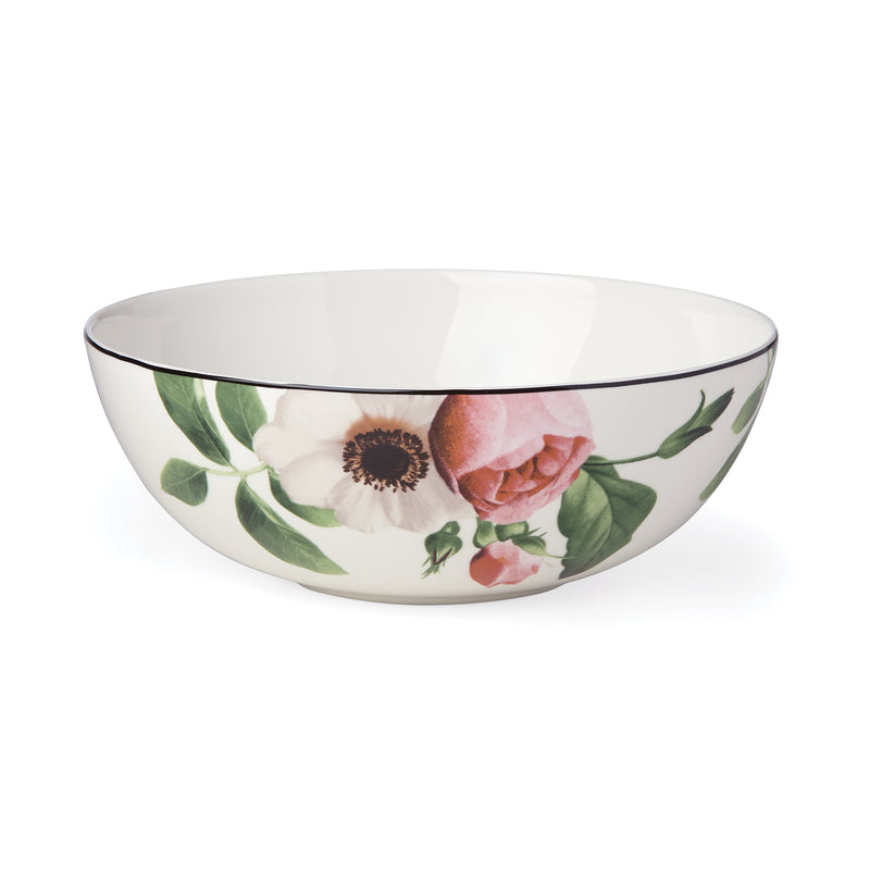 Floral ceramic serving bowl with white base, pink and orange flowers, dark rim