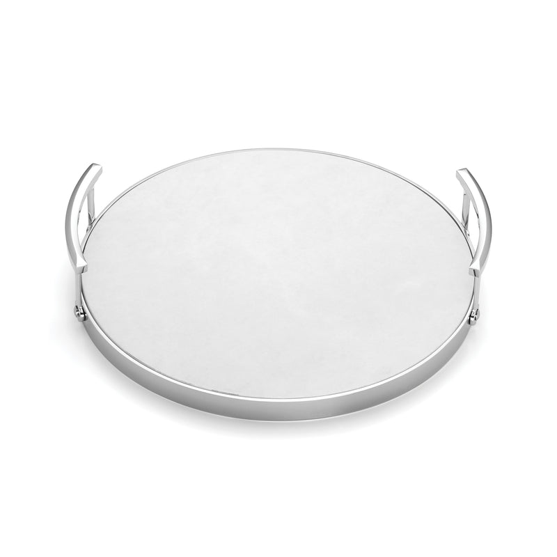 Oval marble bar tray with silver metal rim and curved handles