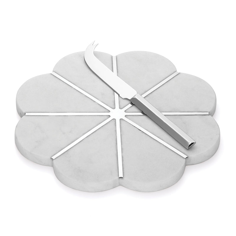 Flower-shaped marble cheese board with stainless steel knife and spreader set