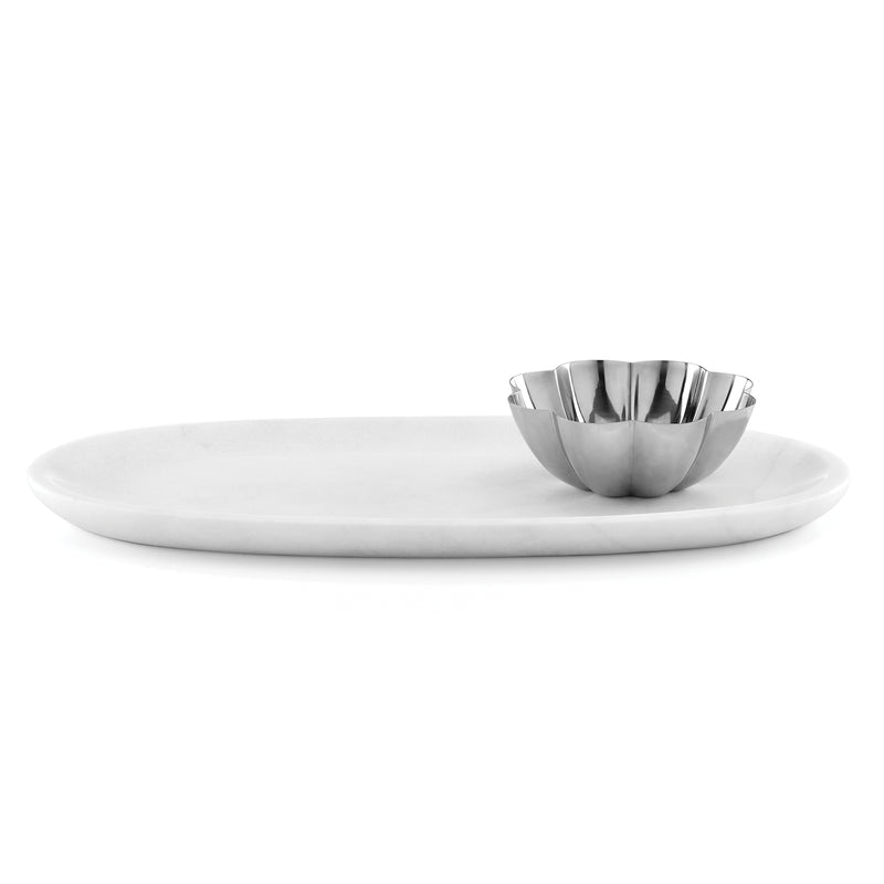 Marble platter and metal bowl set with white tray and silver bowl