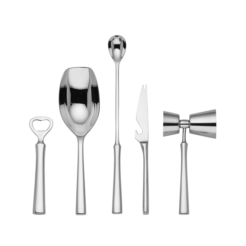 Stainless steel barware set with heart jigger, cocktail spoon, and bar tools
