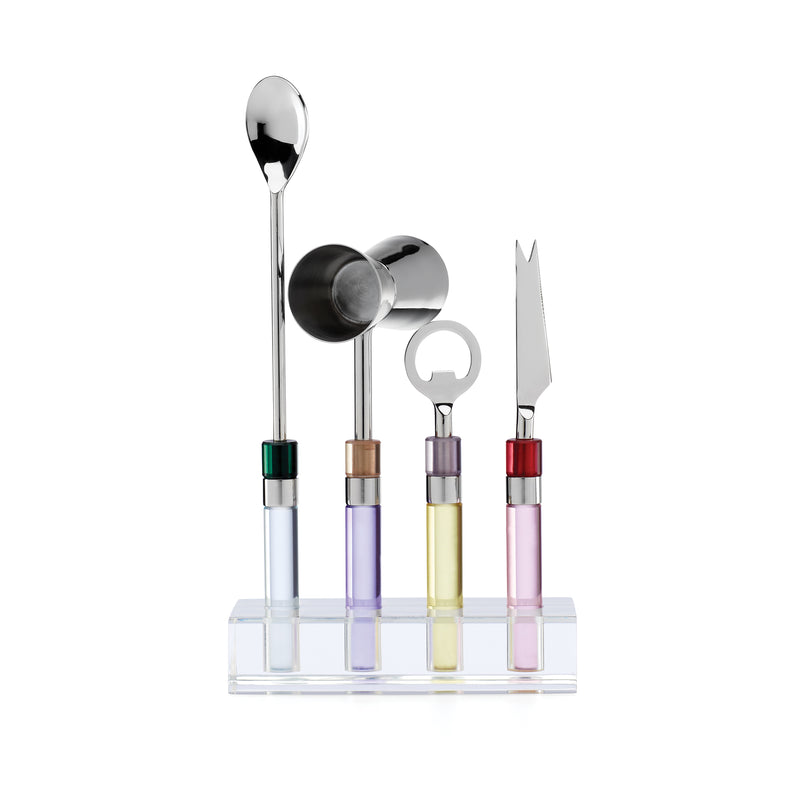 5-piece bar tool set with stainless steel heads and colored Lucite handles, in holder