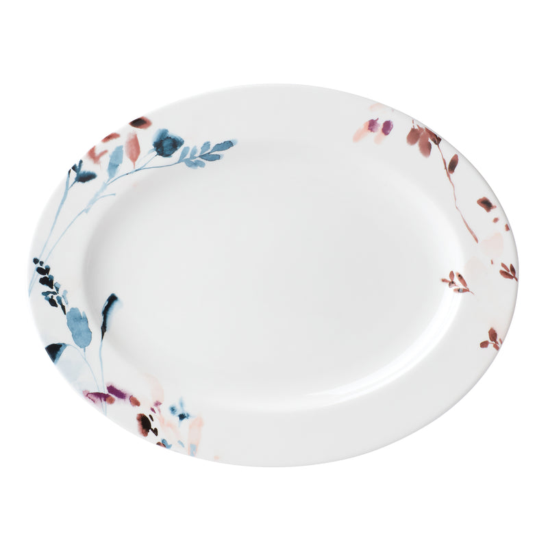 Porcelain oval platter with white center and blue, pink floral rim