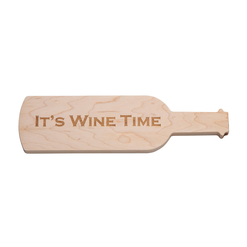 Wine-shaped wooden serving board with 'It's Wine Time' engraved text
