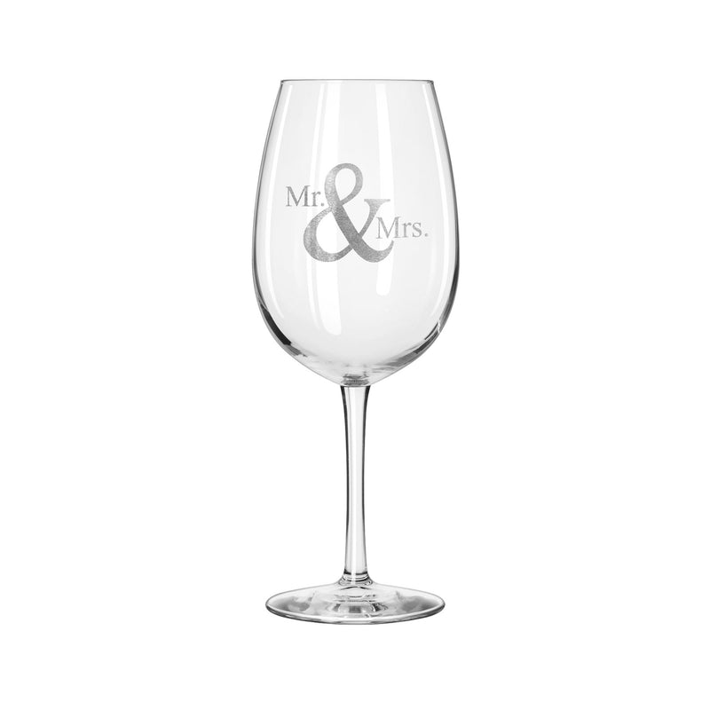 Wine glass with “Mr. & Mrs.” print, clear glass stemware