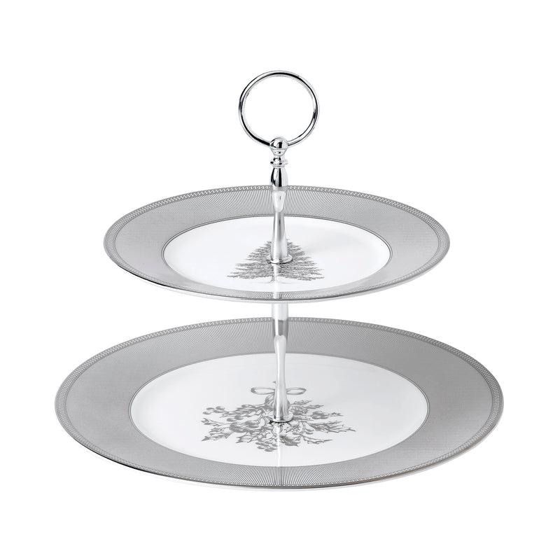 Wedgwood two-tier cake stand with white plates, gray rims, metal center support and handle