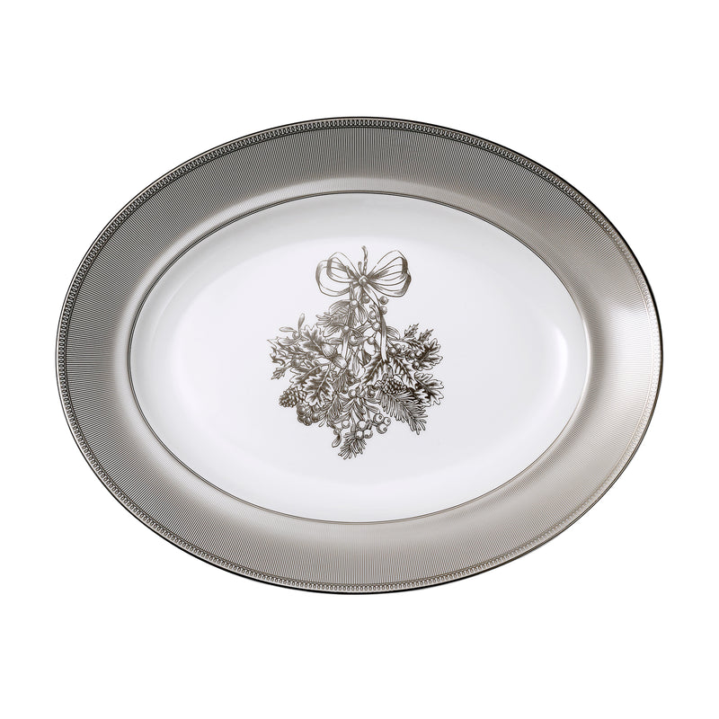 Wedgwood Winter White oval ceramic platter with silver floral center and beaded rim