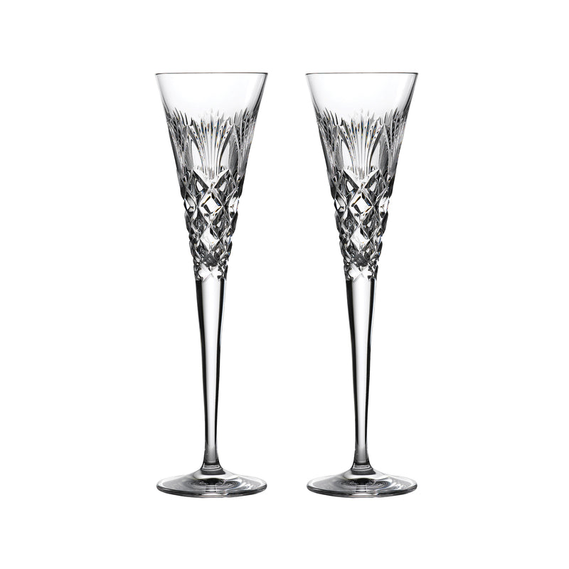 Pair of clear crystal toasting flutes with cut geometric pattern, set of 2