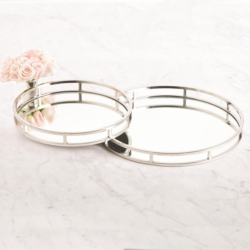 Set of 2 round mirrored trays with silver metal grid frames