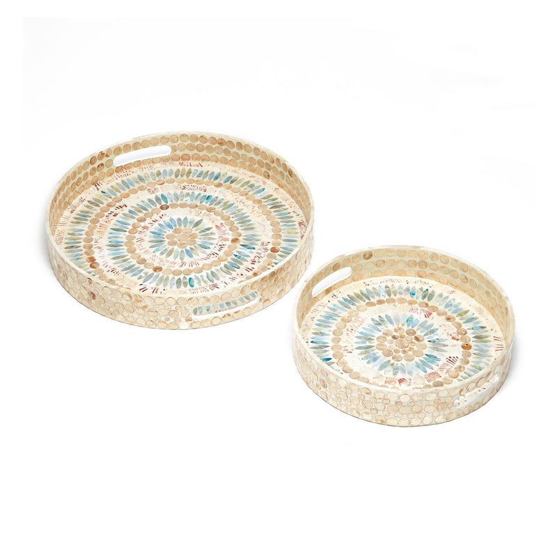 Set of 2 round mosaic mother-of-pearl trays with floral medallion in teal and cream