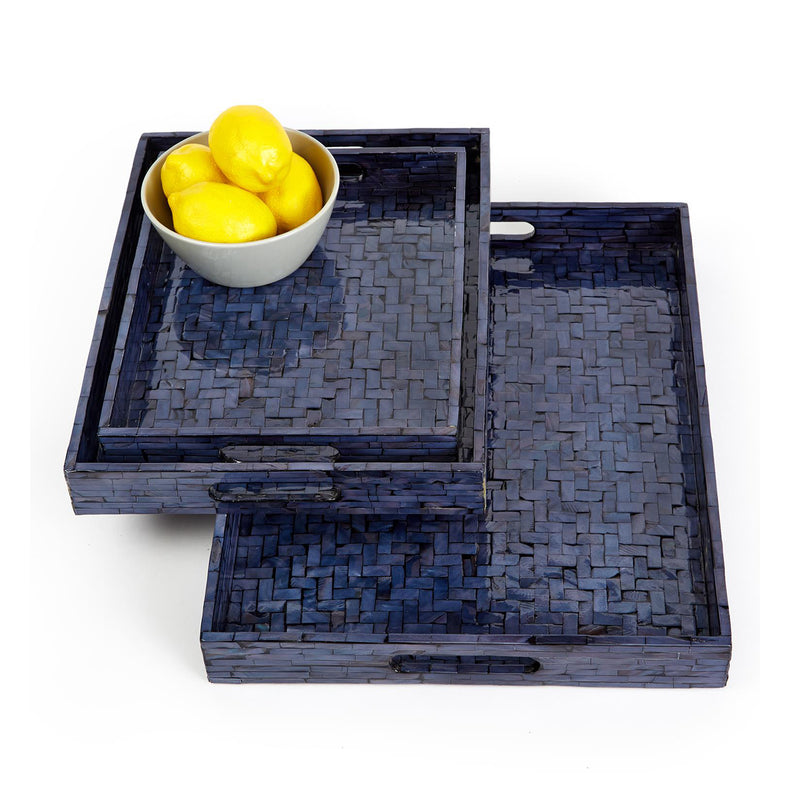 Set of three midnight blue shimmering gallery trays with woven texture and carrying handles