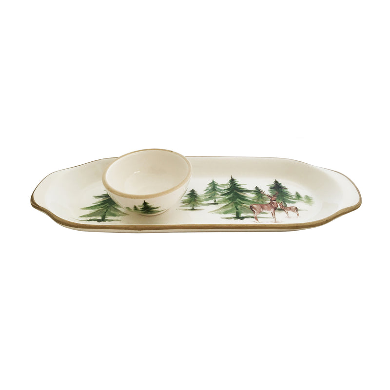 Ceramic narrow tray with mini dipping bowl, cream with woodland trees and deer