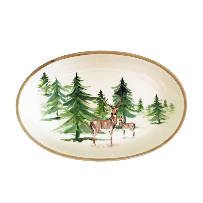 Ceramic oval serving bowl with woodland trees and deer illustration, brown rim