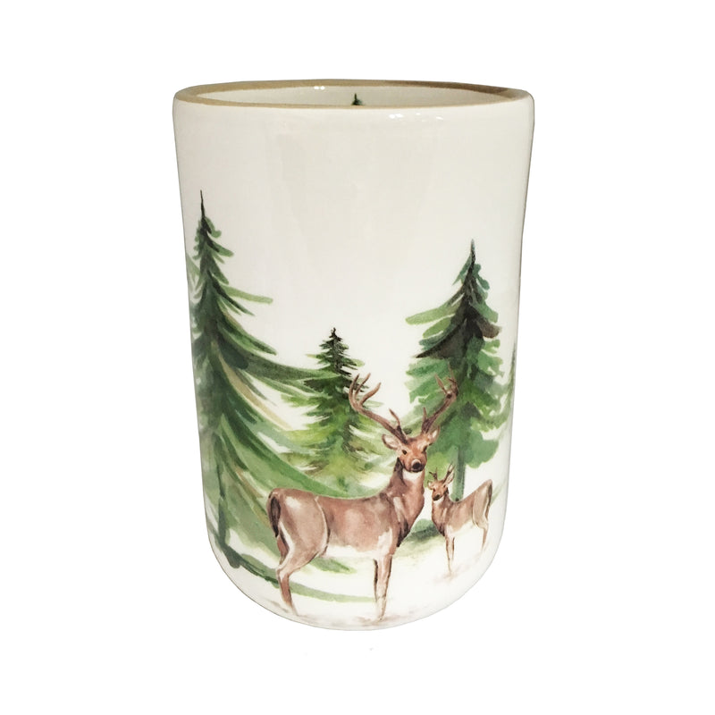 Ceramic bottle or utensil holder with woodland deer and pine tree print