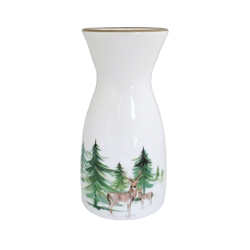 White ceramic carafe/vase with painted pine trees and deer scene