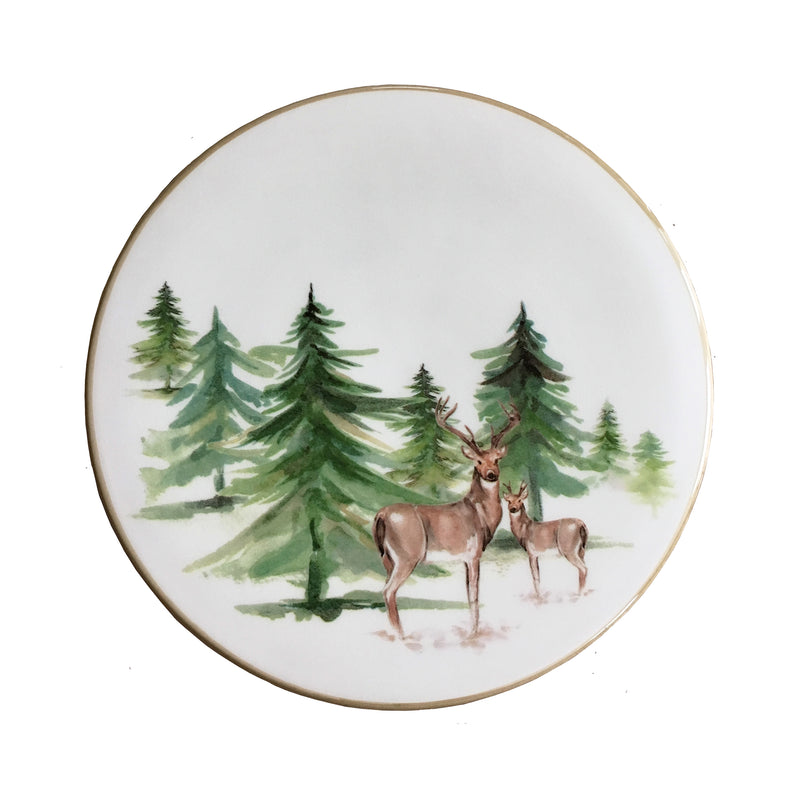 Round ceramic trivet with watercolor forest and two deer, gold rim