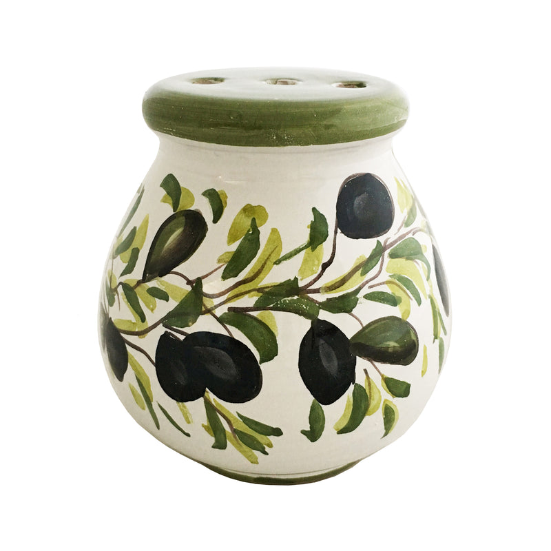 Olive ceramic cheese shaker with round body, dark green lid, and olive leaf pattern