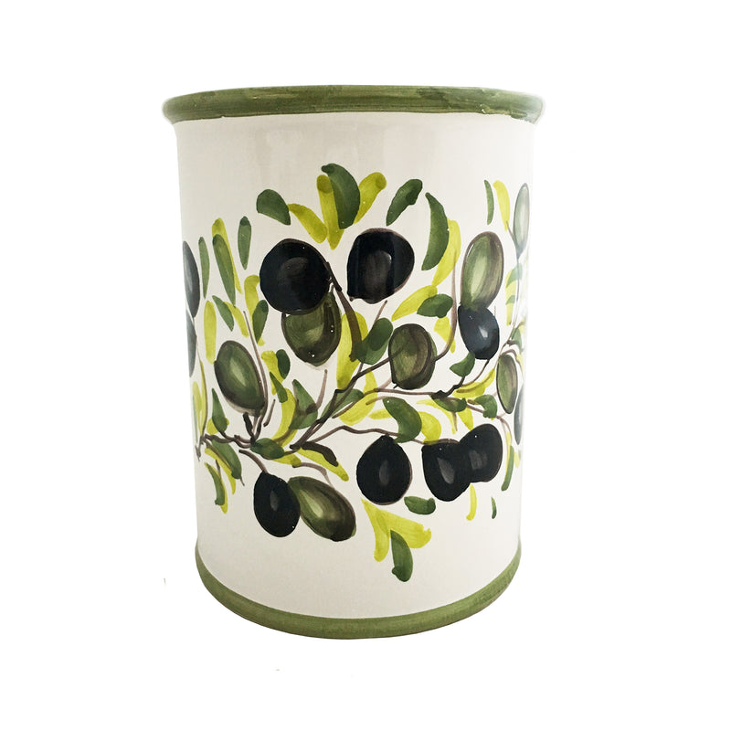 Abbiamo Tutto olive-pattern ceramic wine bottle and utensil holder, cylindrical with green rim