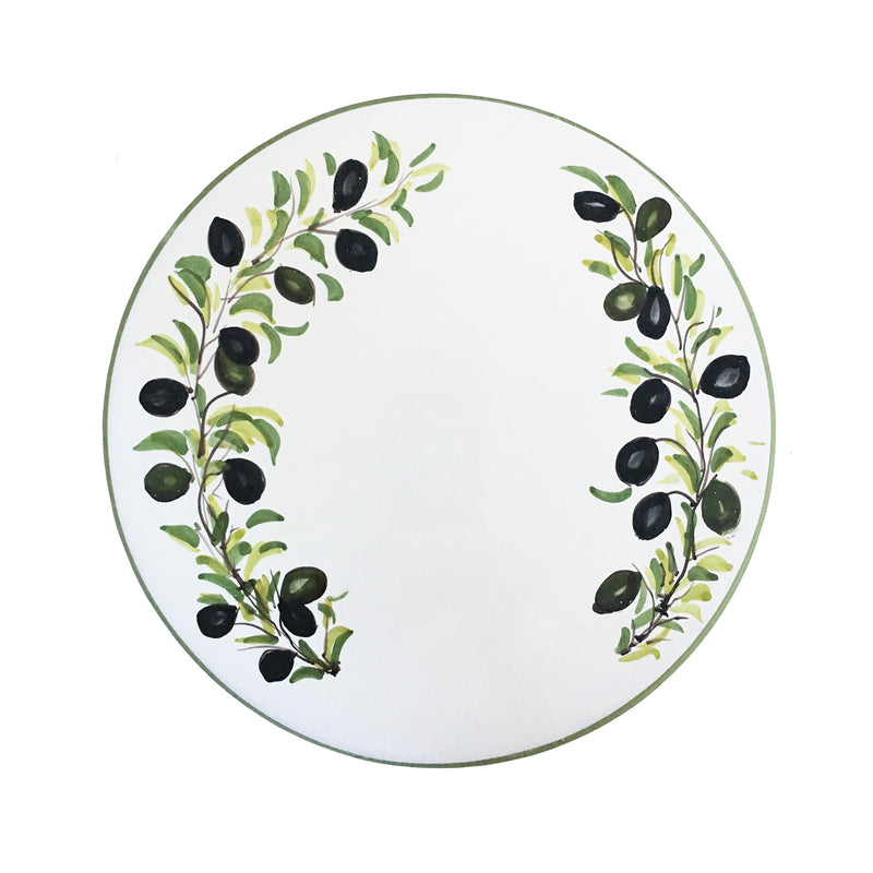 Round ceramic trivet/cheeseboard with white glaze and olive branch pattern in black and green