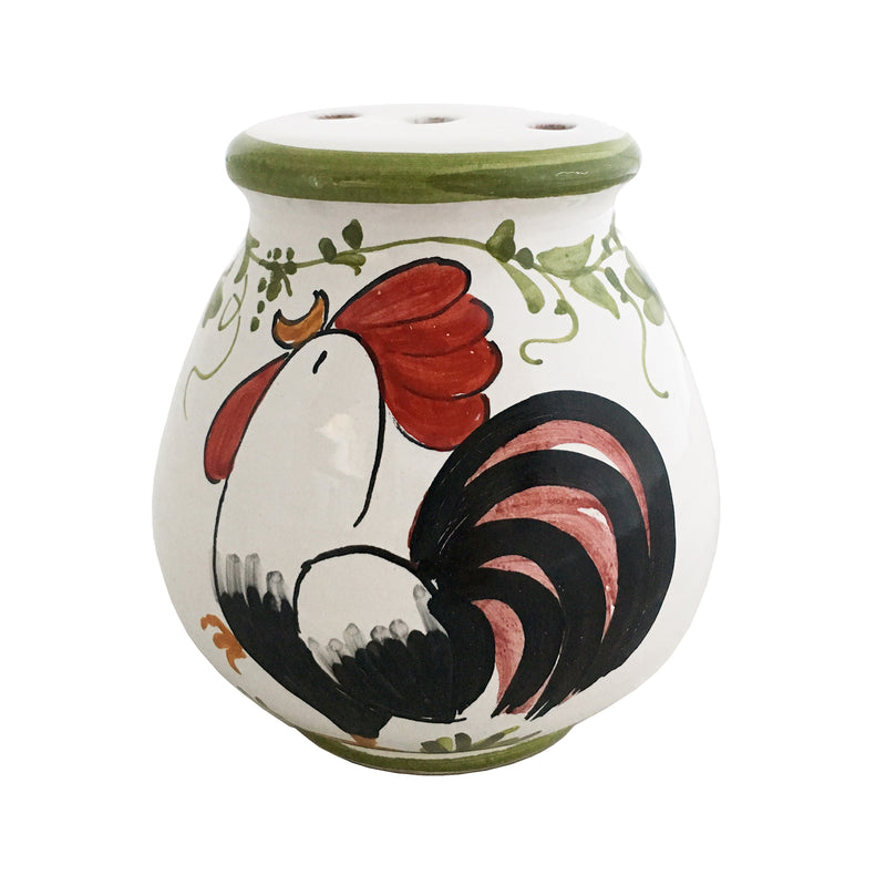 Ceramic cheese shaker with rooster and foliage design, white body, green rim.
