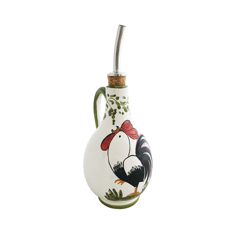 Ceramic oil cruet with rooster illustration, glass spout, and cork stopper
