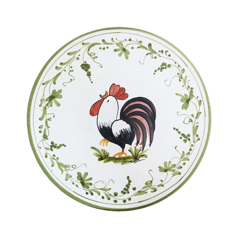 Ceramic trivet/cheeseboard with rooster center and green botanical border pattern