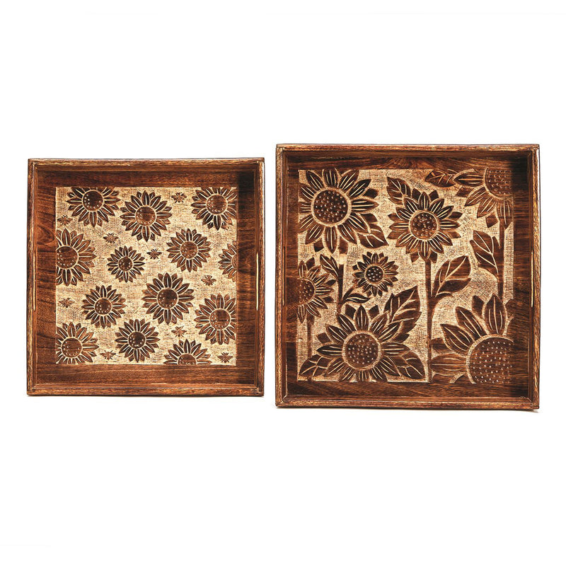 Set of 2 square wooden trays with carved sunflower and floral patterns
