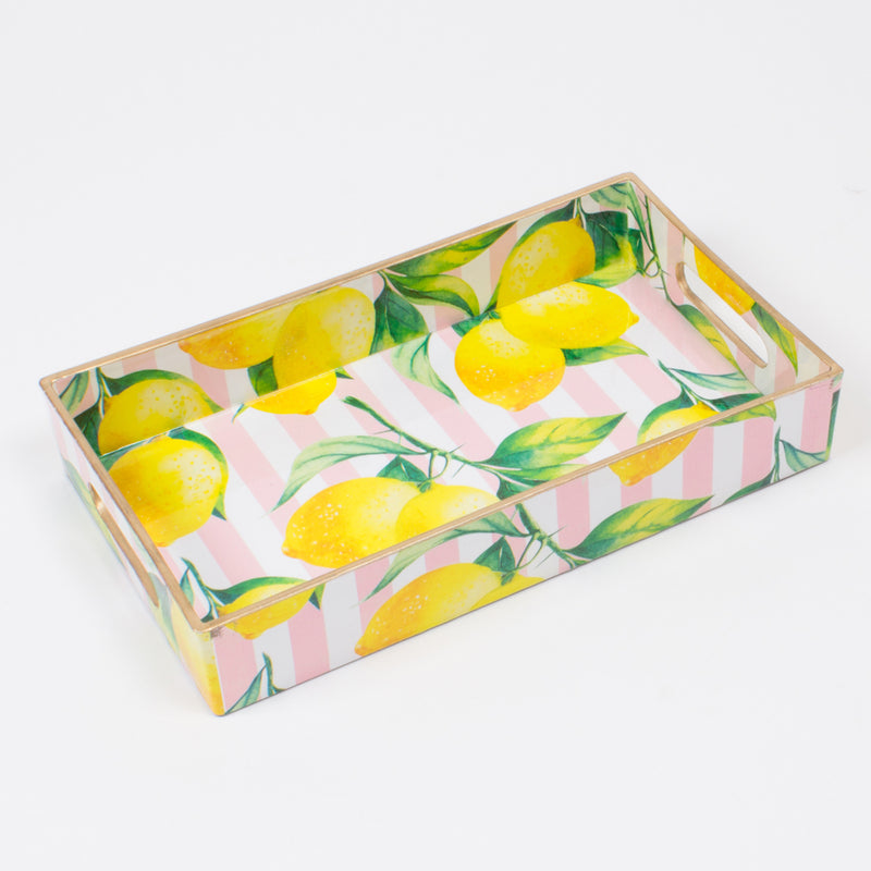 Rectangular serving tray with pink striped border and bright lemon print design