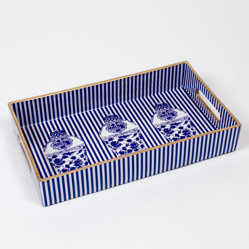 Blue rectangular serving tray with striped border and blue-and-white chinoiserie prints