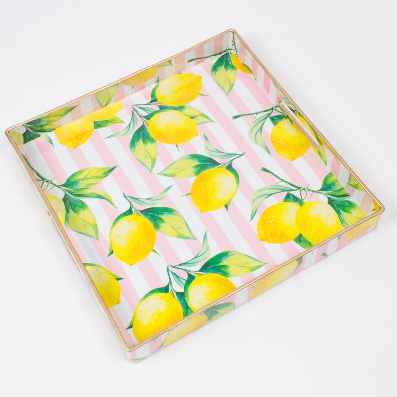 Square tray with pink stripes and colorful lemon and leaf print border