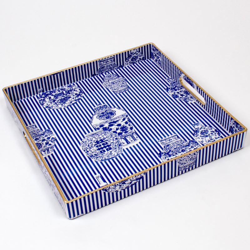 Blue chinoiserie square tray with white-and-blue striped and floral motif border