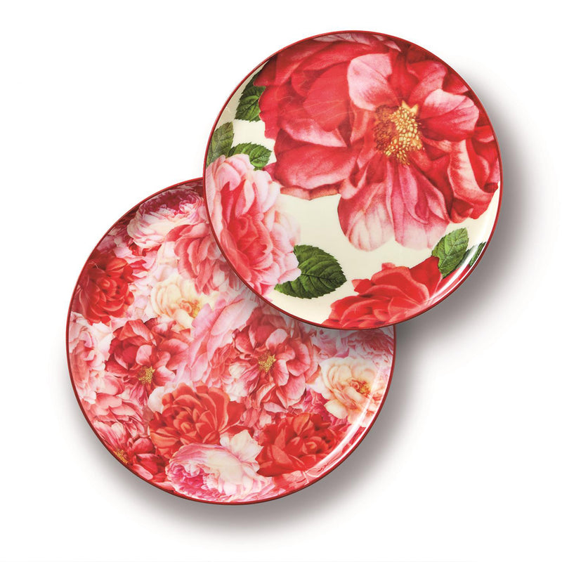 Set of 2 round floral trays with red and pink rose designs