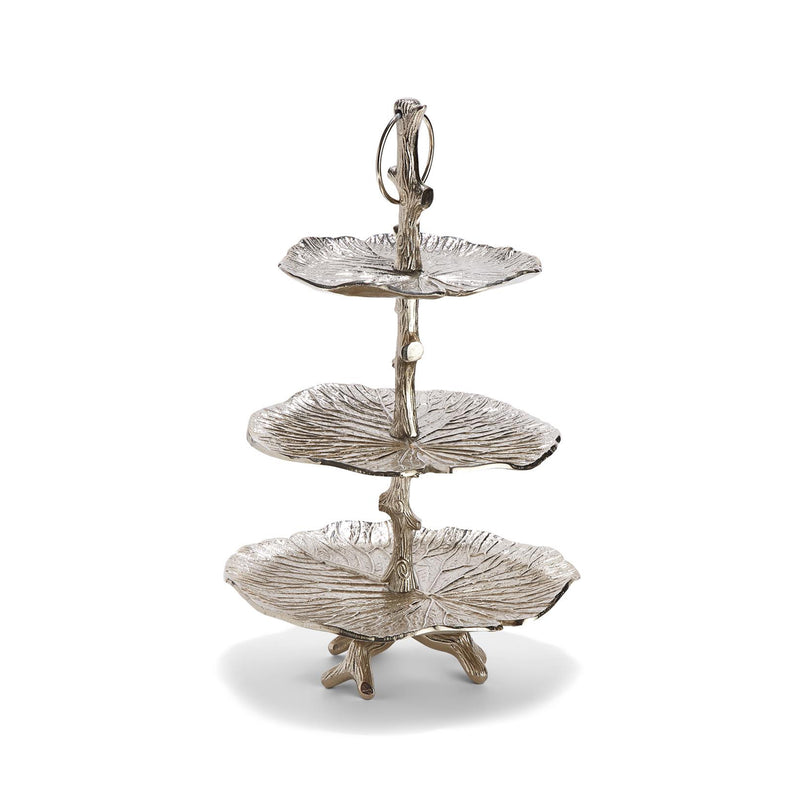 Three-tier leaf stand with three stacked metal lily pads on a pedestal base