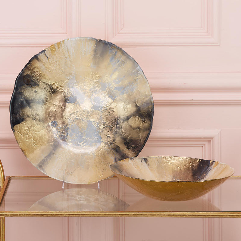 Set of 2 gold and black glass bowls: round reflective metallic bowl