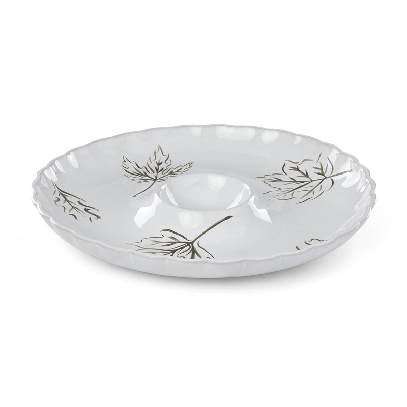 White chip and dip platter with gold leaf pattern and center dip bowl