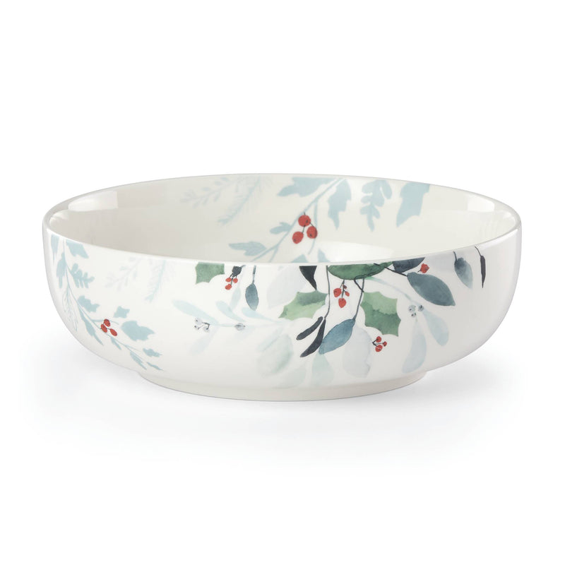 Lenox Frosted Pines serving bowl with blue pine leaves and red berry accents