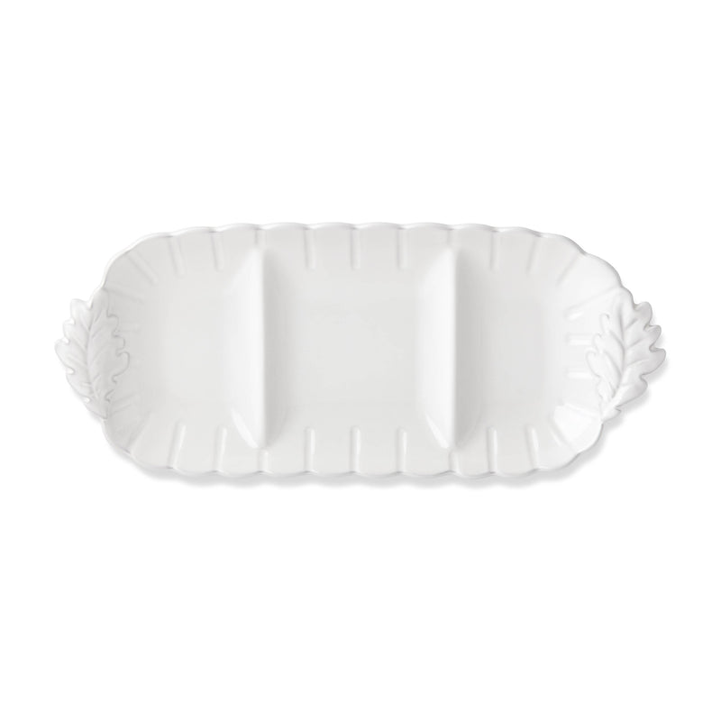 White oval divided serving dish with scalloped ridged rim and leaf-shaped side handles
