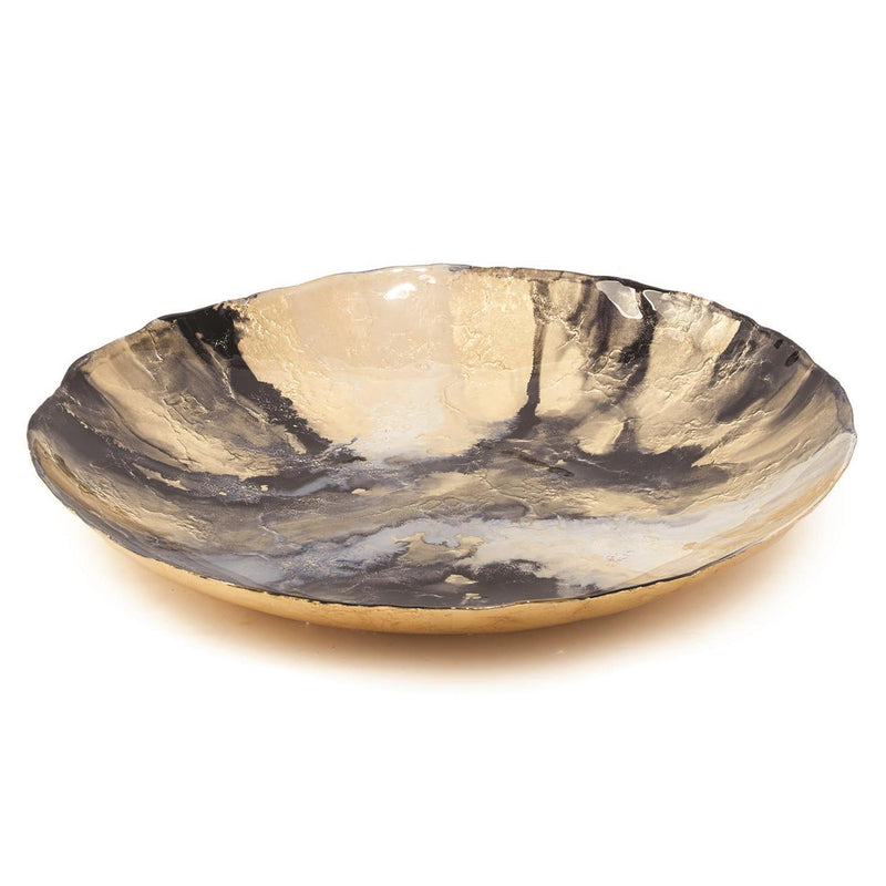 Gold and black glass platter with wide round rim and mottled swirl pattern