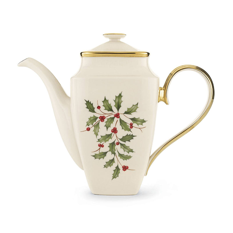 Lenox Holiday square coffee pot with lid; white with gold trim and holly print