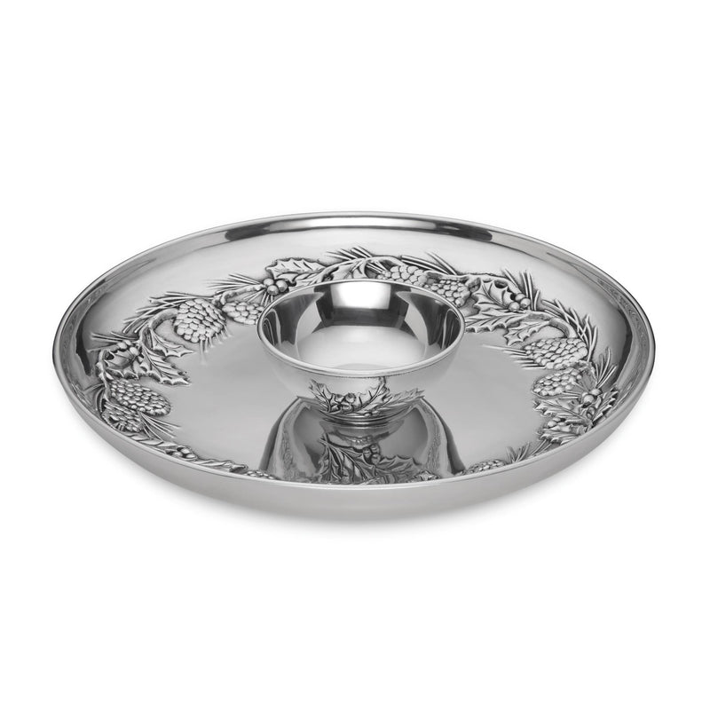 Lenox round silver-tone chip and dip platter with pine cone and holly relief, center bowl