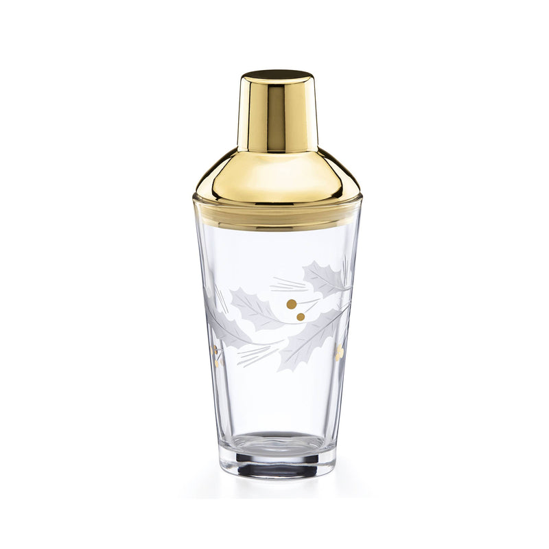 Gold-topped cocktail shaker with clear glass and holiday leaf design