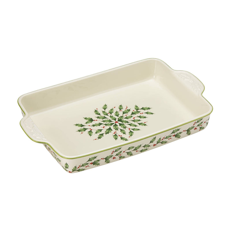 Lenox holiday rectangular baking pan, cream ceramic with holly wreath and green trim