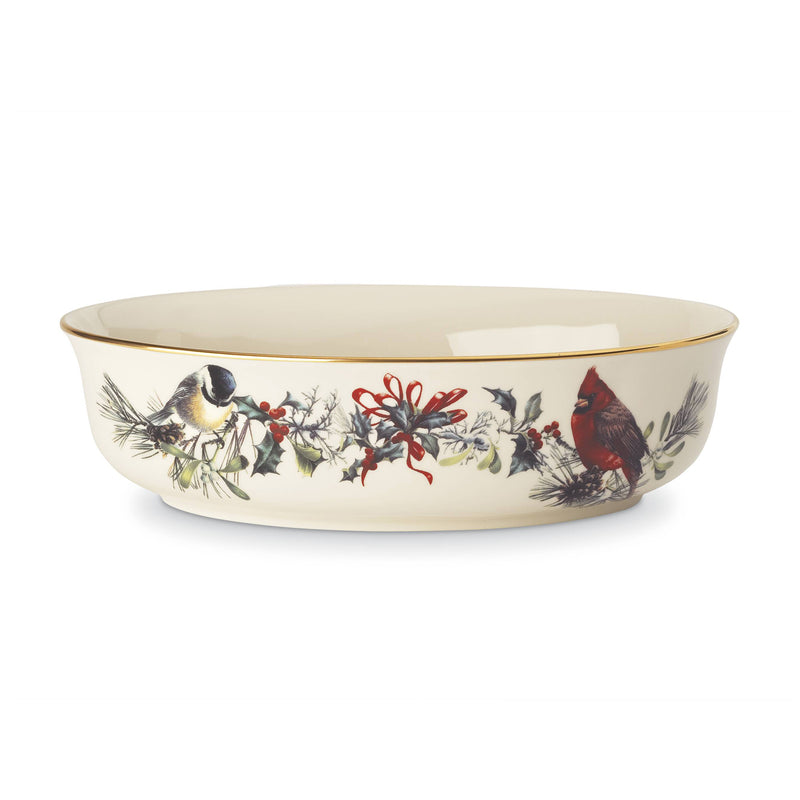 Lenox large serving bowl, white with gold rim and bird-and-poinsettia winter design