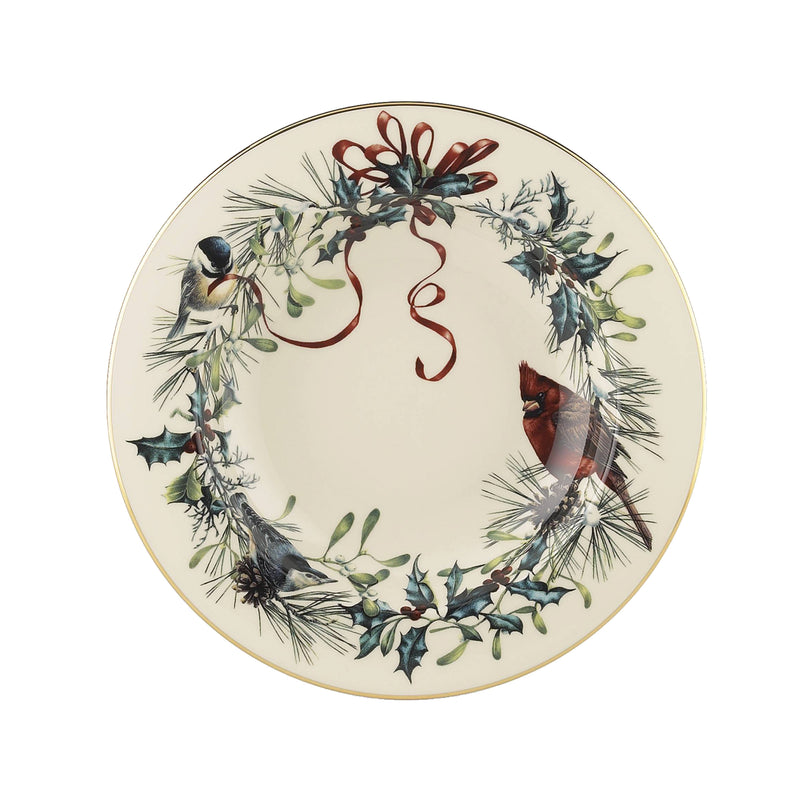 Lenox Winter Greetings serving bowl with floral wreath and birds, gold rim