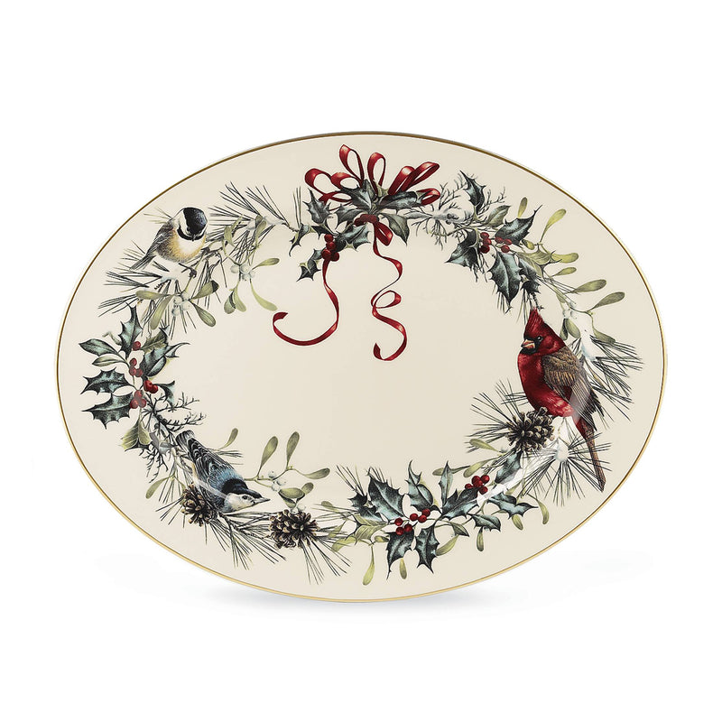 Lenox Winter Greetings oval platter with birds, holly, and gold rim, decorative wreath border