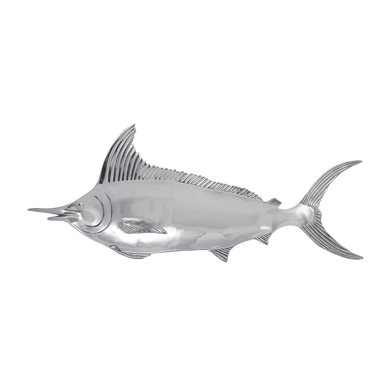 Mariposa marlin fish platter, silver metal serving dish with raised detailing