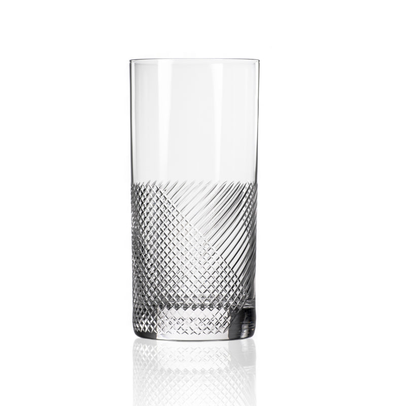 Set of 4 highball cooler glasses, clear glass with diamond-cut crosshatch band