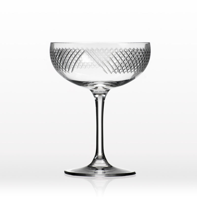 Rolf Glass coupe champagne saucer with etched diamond pattern, clear glass