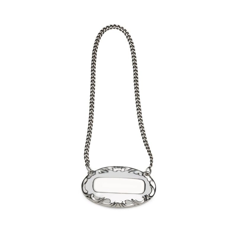 Sterling silver blank liquor label with oval frame and chain handle
